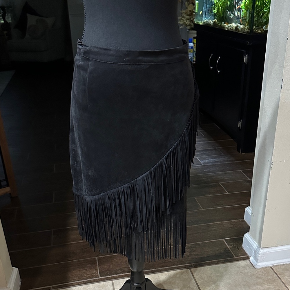 Blue Rain Black Midi Skirt with Fringe